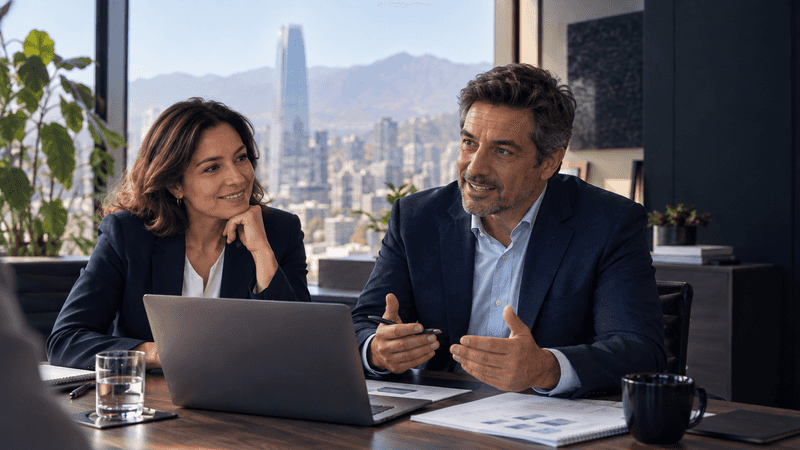 Consultores conversando sobre un proyecto junto a un computador.