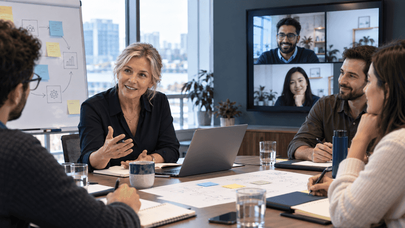 Consultora senior trabajando con un equipo presencial y remoto.