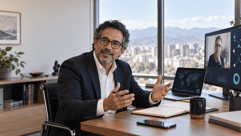 Consultor tecnológico en una reunión virtual con un cliente.